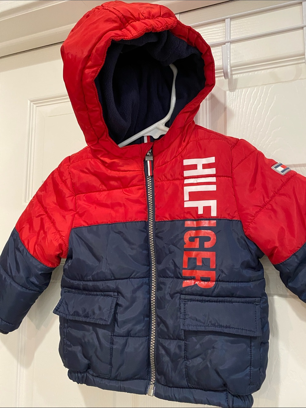 Tommy Hilfiger Red and Navy Hooded Puffer Jacket 18 months